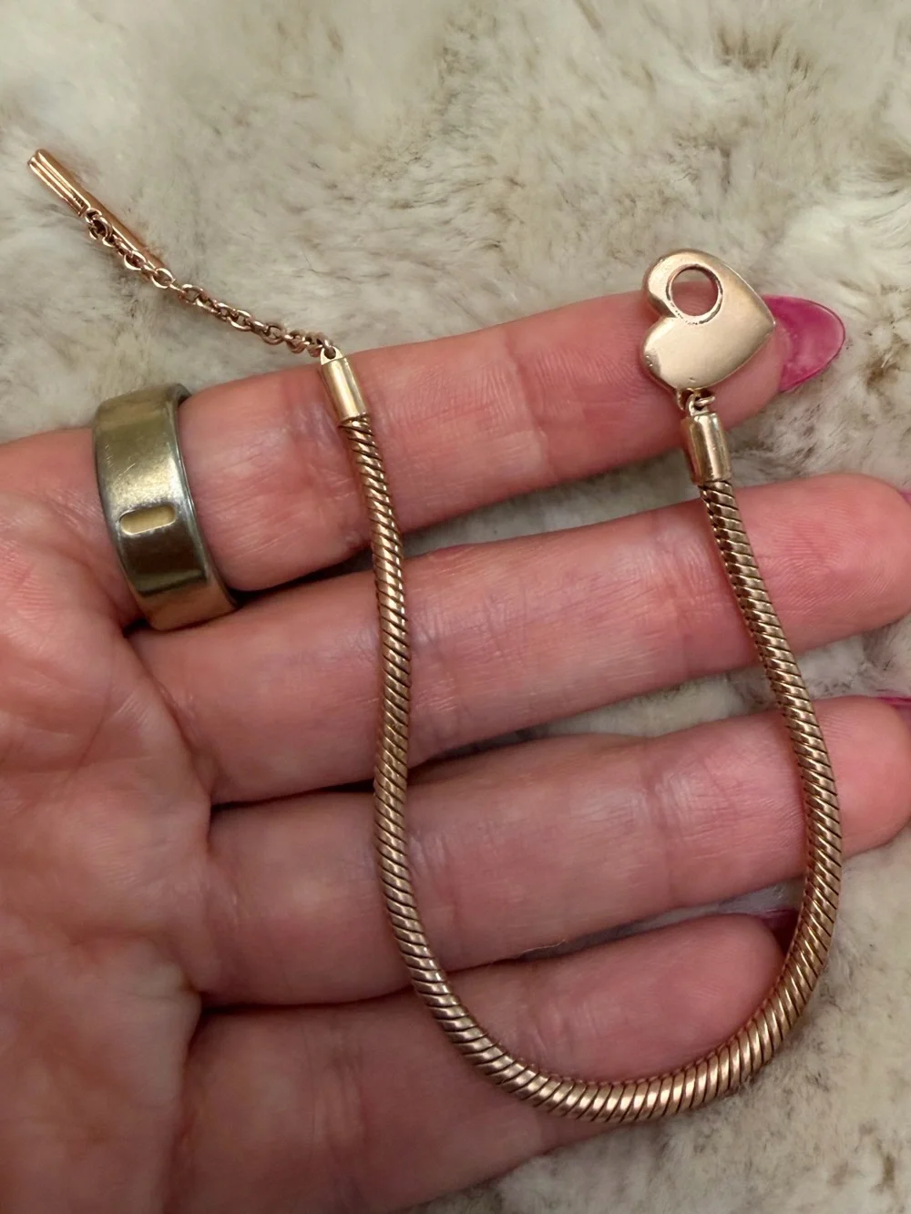 Pandora Rose Gold Snake Chain Bracelet with Heart Toggle